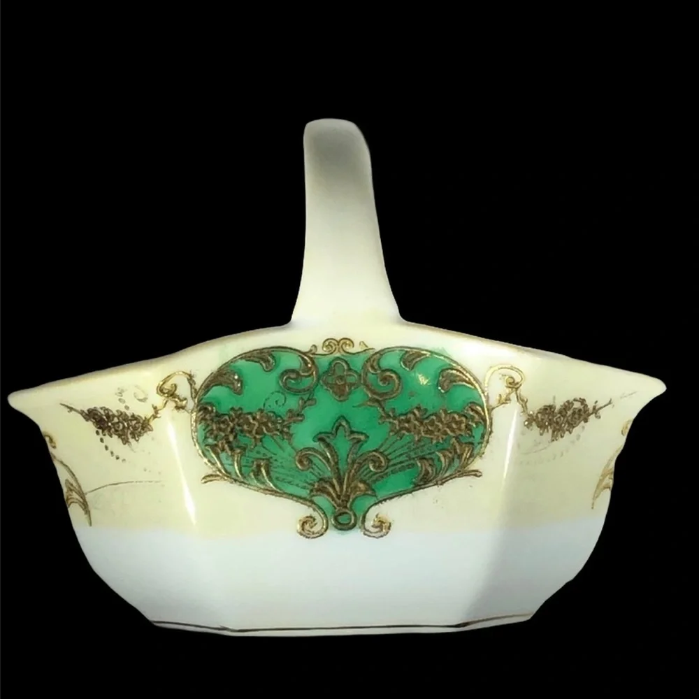 NORITAKE GREEN/GOLD/YELLOW HAND PAINTED PORCELAIN CERAMIC MINI BASKET